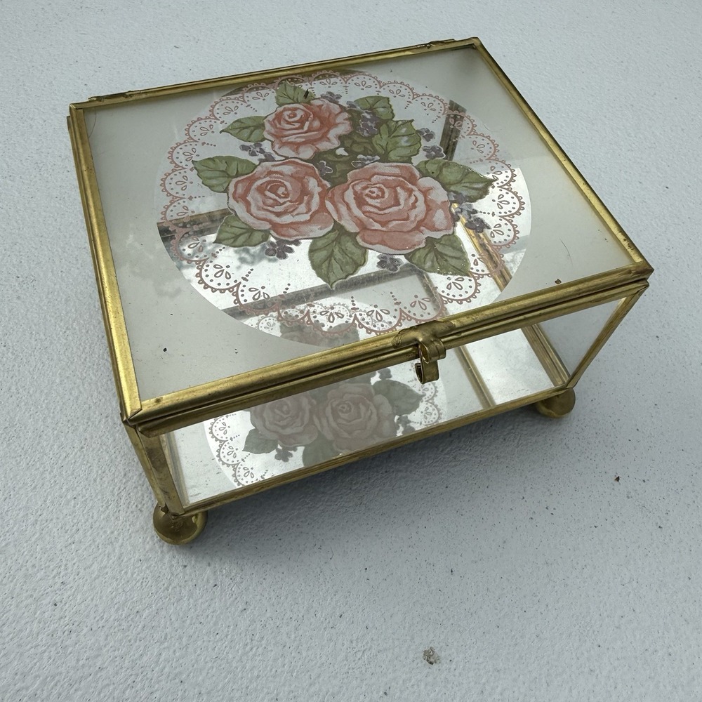 VTG Brass Beveled Glass Pink Rose Floral Rose Jewelry Box‎ Mirror Bottom